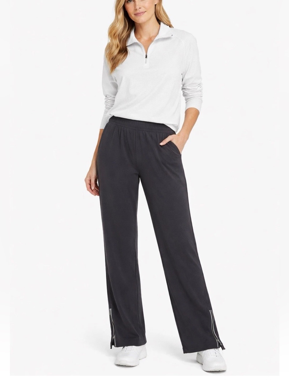 Athleta Wide Leg Pants Women’s M Black Stretch Travel Lounge Zip Ankle